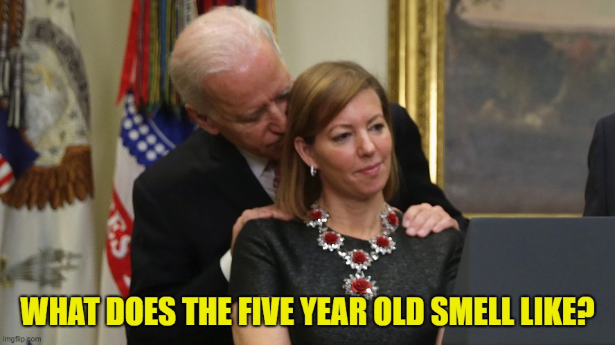 Joe Biden Sniffs Hair | WHAT DOES THE FIVE YEAR OLD SMELL LIKE? | image tagged in joe biden sniffs hair | made w/ Imgflip meme maker