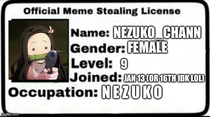Moderators or owners please make this official- | NEZUKO_CHANN; FEMALE; 9; JAN 13 (OR 16TH IDK LOL); N E Z U K O | image tagged in meme stealing license | made w/ Imgflip meme maker