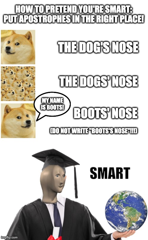 Grammar rules | HOW TO PRETEND YOU'RE SMART: PUT APOSTROPHES IN THE RIGHT PLACE! THE DOG'S NOSE; THE DOGS' NOSE; MY NAME IS BOOTS! BOOTS' NOSE; (DO NOT WRITE "BOOTS'S NOSE"!!!); SMART | image tagged in memes,blank transparent square,meme man smart | made w/ Imgflip meme maker