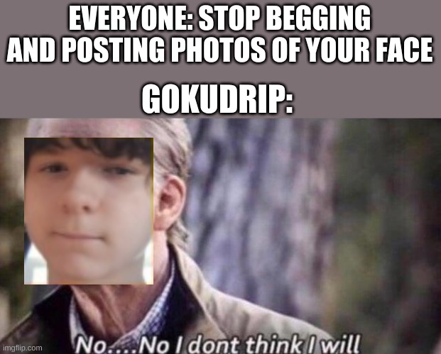 no i don't think i will | EVERYONE: STOP BEGGING AND POSTING PHOTOS OF YOUR FACE; GOKUDRIP: | image tagged in no i don't think i will | made w/ Imgflip meme maker