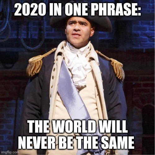 Yes | 2020 IN ONE PHRASE:; THE WORLD WILL NEVER BE THE SAME | image tagged in hamilton | made w/ Imgflip meme maker