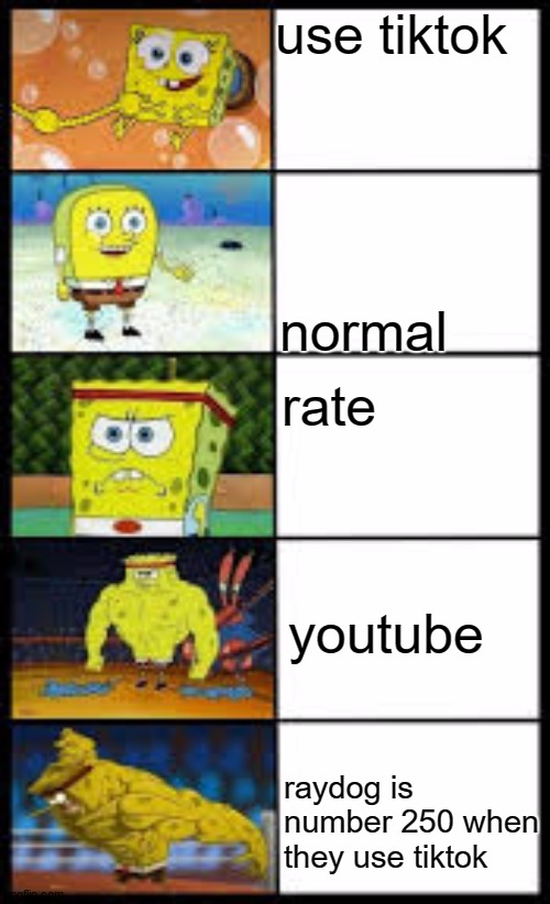 Spongbob weak to buff | use tiktok normal rate youtube raydog is number 250 when they use tiktok | image tagged in spongbob weak to buff | made w/ Imgflip meme maker