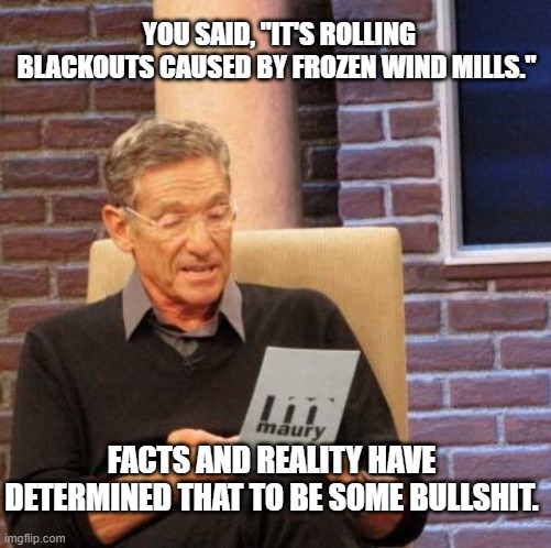 Maury Lie Detector Meme | YOU SAID, "IT'S ROLLING BLACKOUTS CAUSED BY FROZEN WIND MILLS."; FACTS AND REALITY HAVE DETERMINED THAT TO BE SOME BULLSHIT. | image tagged in memes,maury lie detector | made w/ Imgflip meme maker