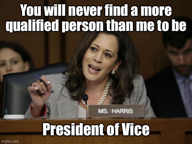 Been qualifying all her life for this job | You will never find a more qualified person than me to be; President of Vice | image tagged in kamala harris,president of vice | made w/ Imgflip meme maker