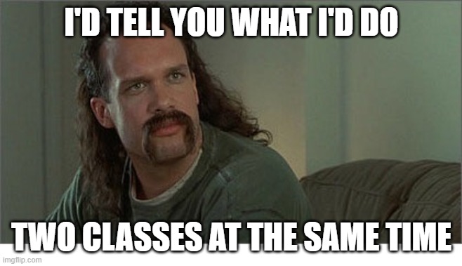 Two Chicks at the Same Time | I'D TELL YOU WHAT I'D DO; TWO CLASSES AT THE SAME TIME | image tagged in two chicks at the same time | made w/ Imgflip meme maker