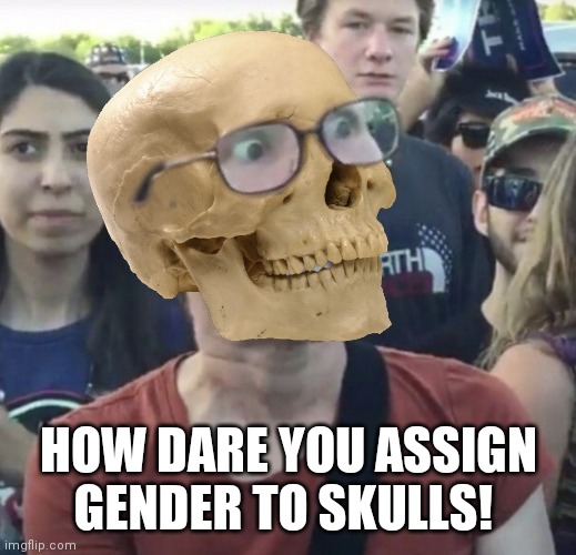 Triggered Skeleton | HOW DARE YOU ASSIGN GENDER TO SKULLS! | image tagged in triggered skeleton | made w/ Imgflip meme maker