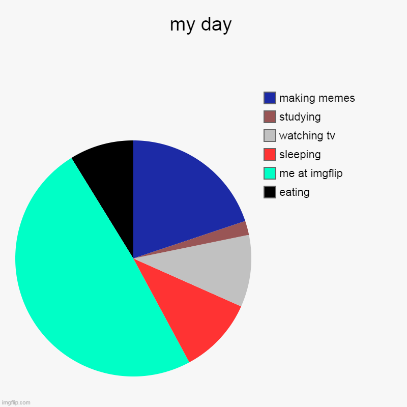 my day | eating, me at imgflip, sleeping, watching tv, studying, making memes | image tagged in charts,pie charts | made w/ Imgflip chart maker