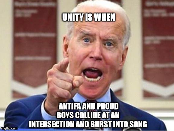 Joe Biden | UNITY IS WHEN; ANTIFA AND PROUD BOYS COLLIDE AT AN INTERSECTION AND BURST INTO SONG | image tagged in joe biden | made w/ Imgflip meme maker