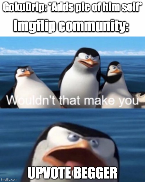 I mean... am I wrong? | Imgflip community:; GokuDrip: *Adds pic of him self*; UPVOTE BEGGER | image tagged in gokudrip,imgflip | made w/ Imgflip meme maker