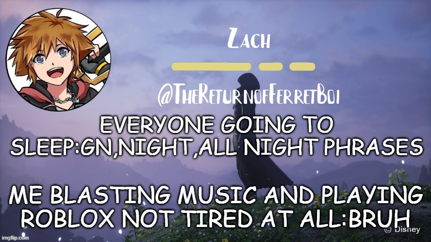 another temp | EVERYONE GOING TO SLEEP:GN,NIGHT,ALL NIGHT PHRASES; ME BLASTING MUSIC AND PLAYING ROBLOX NOT TIRED AT ALL:BRUH | image tagged in another temp | made w/ Imgflip meme maker