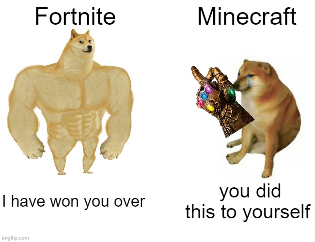 Fortnite VS Minecraft | Fortnite; Minecraft; I have won you over; you did this to yourself | image tagged in memes,buff doge vs cheems | made w/ Imgflip meme maker