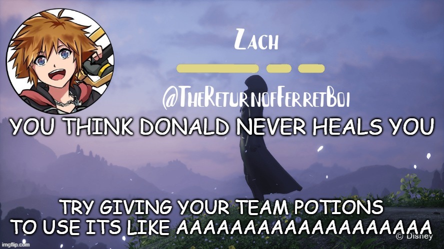 its a kingdom hearts thing- | YOU THINK DONALD NEVER HEALS YOU; TRY GIVING YOUR TEAM POTIONS TO USE ITS LIKE AAAAAAAAAAAAAAAAAAA | image tagged in another temp | made w/ Imgflip meme maker