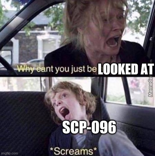 yes indeed *screams*..... | LOOKED AT; SCP-096 | image tagged in why can't you just be normal,don't look at him,or ur ears gonna hurt,just like everything else,scp,scp meme | made w/ Imgflip meme maker