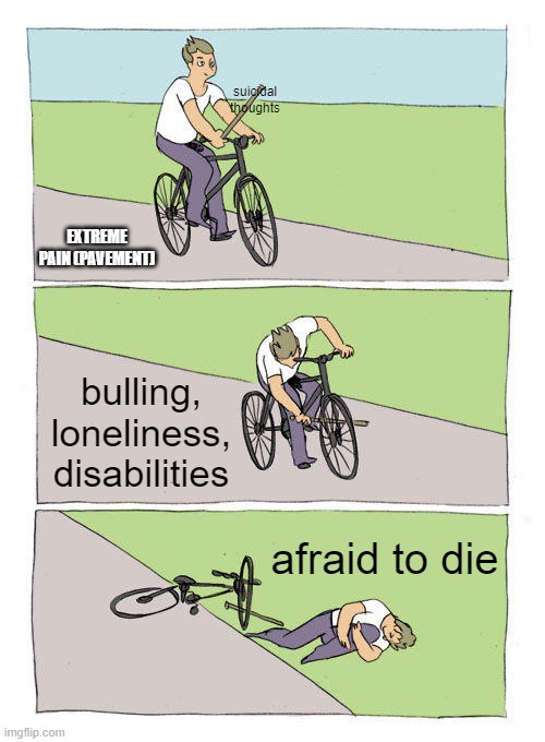 Bike Fall | suicidal thoughts; EXTREME PAIN (PAVEMENT); bulling, loneliness, disabilities; afraid to die | image tagged in memes,bike fall | made w/ Imgflip meme maker