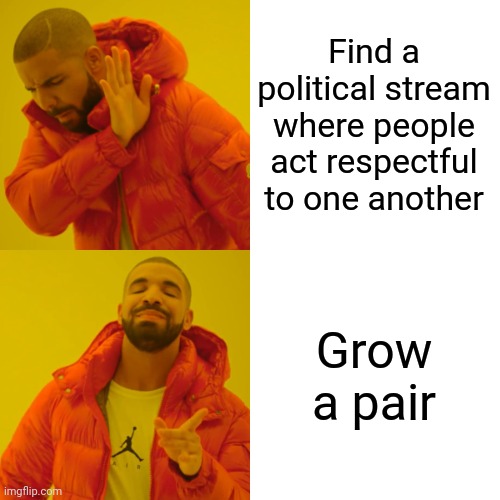 Drake Hotline Bling Meme | Find a political stream where people act respectful to one another Grow a pair | image tagged in memes,drake hotline bling | made w/ Imgflip meme maker