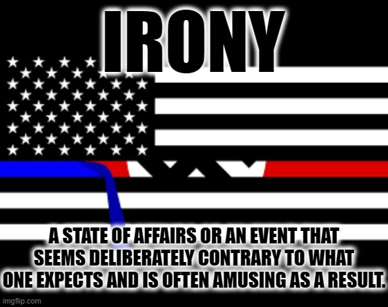 IRONY | IRONY; A STATE OF AFFAIRS OR AN EVENT THAT SEEMS DELIBERATELY CONTRARY TO WHAT ONE EXPECTS AND IS OFTEN AMUSING AS A RESULT. | image tagged in irony,contrary,back the blue,nazi,rights,police | made w/ Imgflip meme maker