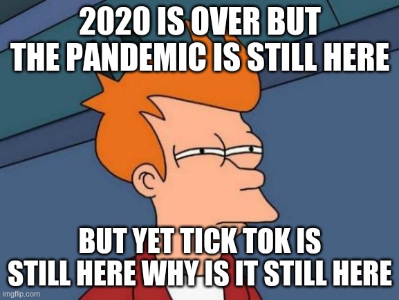 Futurama Fry | 2020 IS OVER BUT THE PANDEMIC IS STILL HERE; BUT YET TICK TOK IS STILL HERE WHY IS IT STILL HERE | image tagged in memes,futurama fry | made w/ Imgflip meme maker