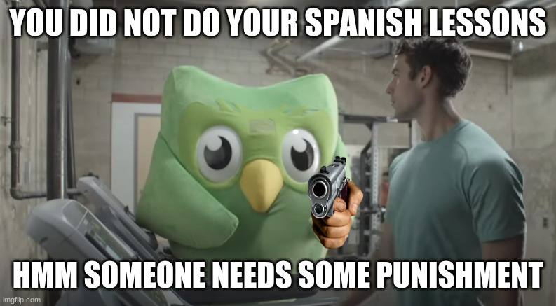dulingo is watching you | YOU DID NOT DO YOUR SPANISH LESSONS; HMM SOMEONE NEEDS SOME PUNISHMENT | image tagged in dulingo watching | made w/ Imgflip meme maker