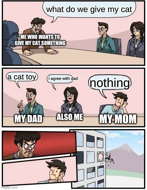 there will be a gift | what do we give my cat; ME WHO WANTS TO GIVE MY CAT SOMETHING; a cat toy; i agree with dad; nothing; MY DAD; ALSO ME; MY MOM | image tagged in memes,boardroom meeting suggestion,cat,funny,funny memes | made w/ Imgflip meme maker