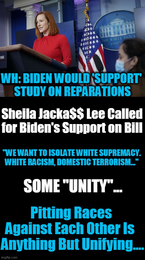 We All Got Along Fine Until Obama & SJWs Declared That We Didn't... | WH: BIDEN WOULD 'SUPPORT' 
STUDY ON REPARATIONS; Sheila Jacka$$ Lee Called for Biden's Support on Bill; "WE WANT TO ISOLATE WHITE SUPREMACY. 

WHITE RACISM, DOMESTIC TERRORISM..."; Pitting Races 
Against Each Other Is  

Anything But Unifying.... SOME "UNITY"... | image tagged in political meme,democratic socialism,crying democrats,past history,division,time to move on | made w/ Imgflip meme maker