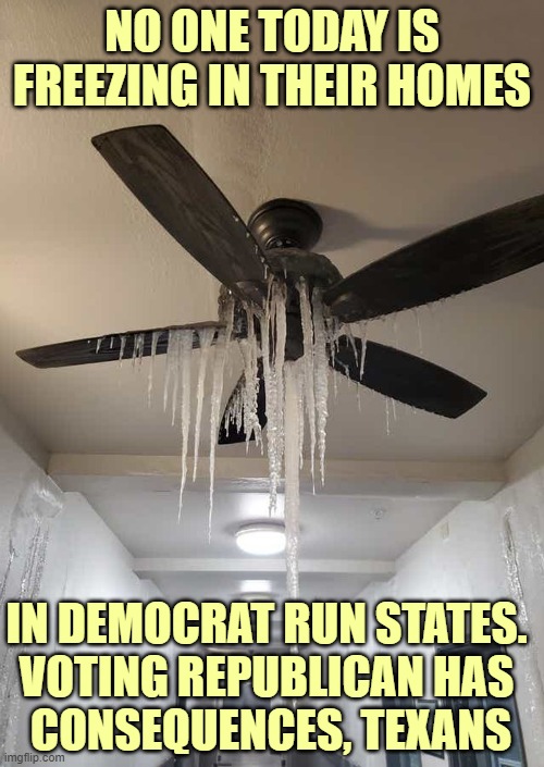 Keep Warm Texas! | NO ONE TODAY IS FREEZING IN THEIR HOMES; IN DEMOCRAT RUN STATES.
VOTING REPUBLICAN HAS
 CONSEQUENCES, TEXANS | image tagged in texas,blackout,ercot,scumbag republicans | made w/ Imgflip meme maker