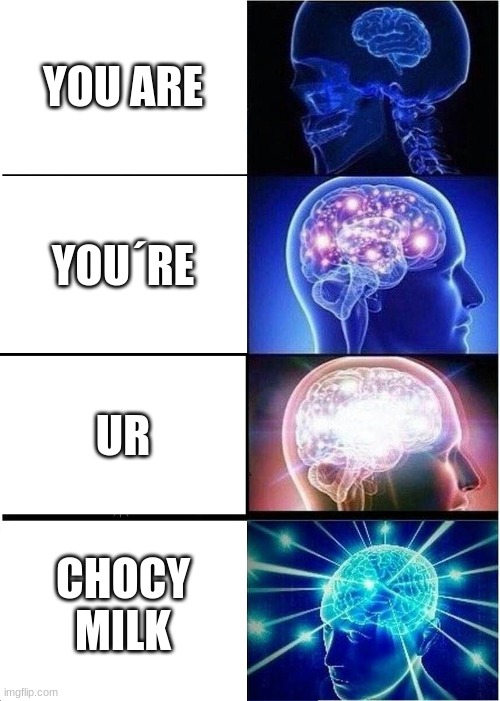 nobody cares | YOU ARE; YOU´RE; UR; CHOCY MILK | image tagged in memes,expanding brain | made w/ Imgflip meme maker