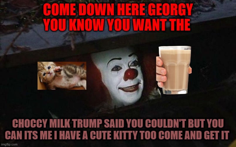 Clown in sewer | COME DOWN HERE GEORGY YOU KNOW YOU WANT THE; CHOCCY MILK TRUMP SAID YOU COULDN'T BUT YOU CAN ITS ME I HAVE A CUTE KITTY TOO COME AND GET IT | image tagged in clown in sewer | made w/ Imgflip meme maker