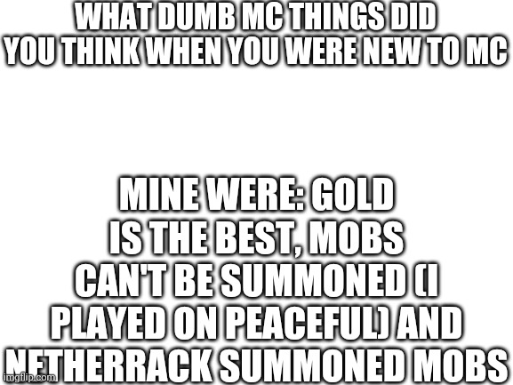 Blank White Template | WHAT DUMB MC THINGS DID YOU THINK WHEN YOU WERE NEW TO MC; MINE WERE: GOLD IS THE BEST, MOBS CAN'T BE SUMMONED (I PLAYED ON PEACEFUL) AND NETHERRACK SUMMONED MOBS | image tagged in blank white template | made w/ Imgflip meme maker