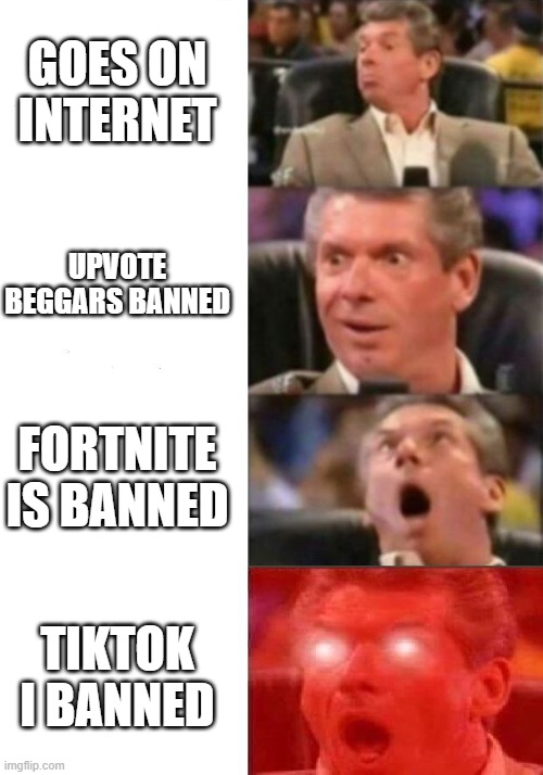 Mr. McMahon reaction | GOES ON INTERNET; UPVOTE BEGGARS BANNED; FORTNITE IS BANNED; TIKTOK I BANNED | image tagged in mr mcmahon reaction | made w/ Imgflip meme maker