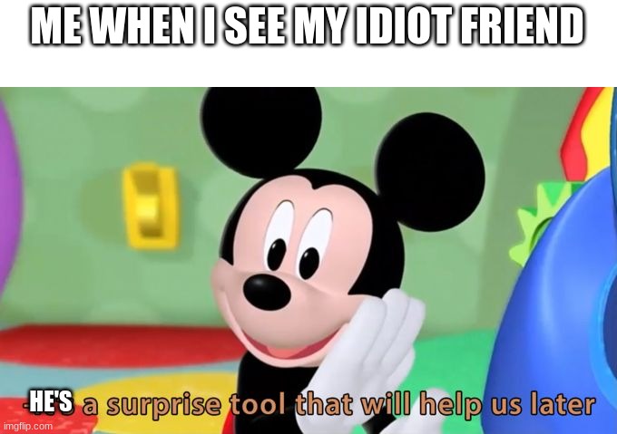 not talking bout any of my imgflip friends | ME WHEN I SEE MY IDIOT FRIEND; HE'S | image tagged in mickey mouse tool | made w/ Imgflip meme maker