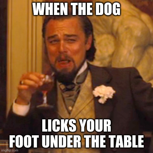 Laughing Leo Meme | WHEN THE DOG; LICKS YOUR FOOT UNDER THE TABLE | image tagged in memes,laughing leo | made w/ Imgflip meme maker