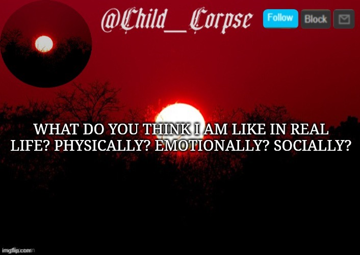 Sorry about the caps. I had caps lock on | WHAT DO YOU THINK I AM LIKE IN REAL LIFE? PHYSICALLY? EMOTIONALLY? SOCIALLY? | image tagged in child_corpse announcement template | made w/ Imgflip meme maker