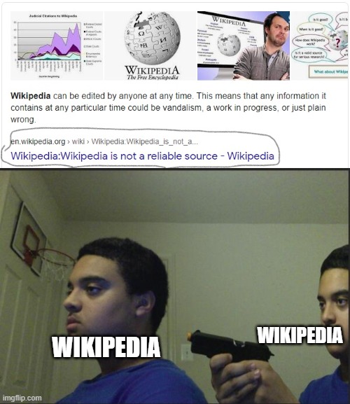 wait then... what that said may not be true... but that would mean wikipedia is a reliable source... uuhh... | WIKIPEDIA; WIKIPEDIA | image tagged in trust nobody not even yourself | made w/ Imgflip meme maker