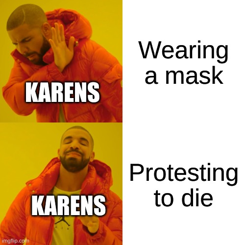 Drake Hotline Bling Meme | Wearing a mask; KARENS; Protesting to die; KARENS | image tagged in memes,drake hotline bling | made w/ Imgflip meme maker
