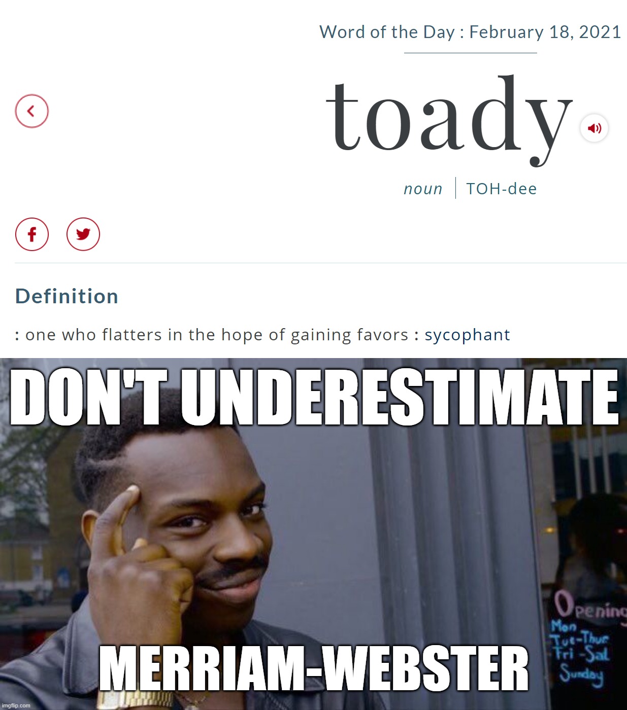 DON'T UNDERESTIMATE; MERRIAM-WEBSTER | image tagged in memes,roll safe think about it,memes | made w/ Imgflip meme maker