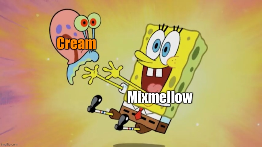 A reunion. (Cream belongs to CloudandChill) | Cream; Mixmellow | image tagged in spongebob reunited with gary,mixmellow,cream cat,ocs,memes,cream | made w/ Imgflip meme maker