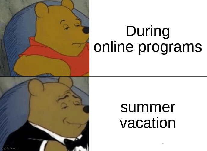 Kids During Covid | During online programs; summer vacation | image tagged in memes,tuxedo winnie the pooh | made w/ Imgflip meme maker