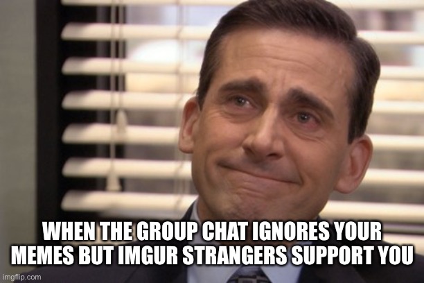 Michael Scott Cry | WHEN THE GROUP CHAT IGNORES YOUR MEMES BUT IMGUR STRANGERS SUPPORT YOU | image tagged in michael scott cry | made w/ Imgflip meme maker