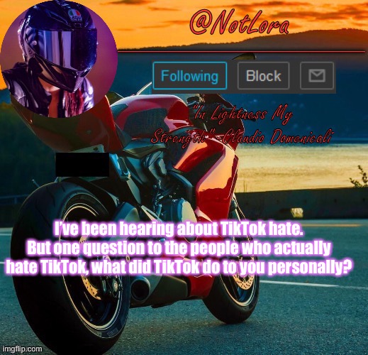 One question you should consider... | I’ve been hearing about TikTok hate. But one question to the people who actually hate TikTok, what did TikTok do to you personally? | image tagged in notlora template | made w/ Imgflip meme maker