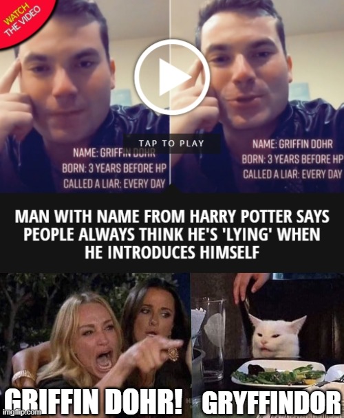 Gryffindor | GRIFFIN DOHR! GRYFFINDOR | image tagged in woman yelling at cat,harry potter | made w/ Imgflip meme maker