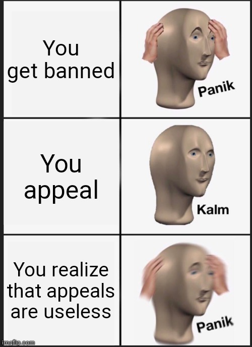 Panik Kalm Panik | You get banned; You appeal; You realize that appeals are useless | image tagged in memes,panik kalm panik | made w/ Imgflip meme maker