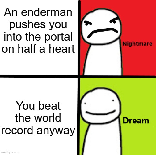Minecraft World Record | An enderman pushes you into the portal on half a heart; You beat the world record anyway | image tagged in nightmare dream blank | made w/ Imgflip meme maker