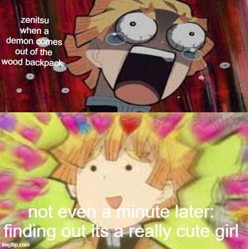 why is he like this tho | zenitsu when a demon comes out of the wood backpack; not even a minute later: finding out its a really cute girl | image tagged in anime,funny memes,demon slayer | made w/ Imgflip meme maker