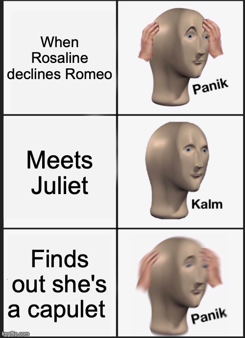 Panik Kalm Panik Meme | When Rosaline declines Romeo; Meets Juliet; Finds out she's a capulet | image tagged in memes,panik kalm panik | made w/ Imgflip meme maker