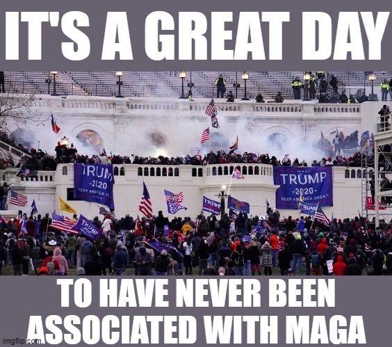 Never voted for Trump? Never shilled and apologized for his actions? Then congrats! You don't bear any responsibility for this! | IT'S A GREAT DAY; TO HAVE NEVER BEEN ASSOCIATED WITH MAGA | image tagged in maga riot,maga,riot,capitol hill,trump supporters,election 2020 | made w/ Imgflip meme maker