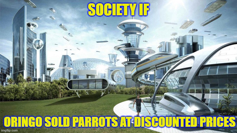 skyblock mem | SOCIETY IF; ORINGO SOLD PARROTS AT DISCOUNTED PRICES | image tagged in the future world if | made w/ Imgflip meme maker