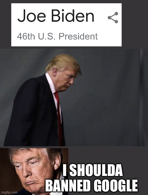 Sad Trump | I SHOULDA BANNED GOOGLE | image tagged in sad trump | made w/ Imgflip meme maker