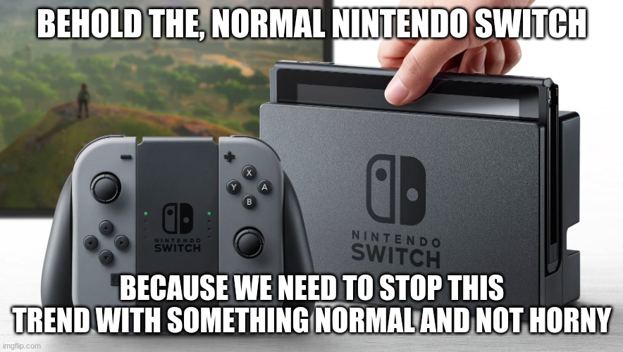 This trend is too cursed, stop this immediately | BEHOLD THE, NORMAL NINTENDO SWITCH; BECAUSE WE NEED TO STOP THIS TREND WITH SOMETHING NORMAL AND NOT HORNY | image tagged in nintendo switch | made w/ Imgflip meme maker
