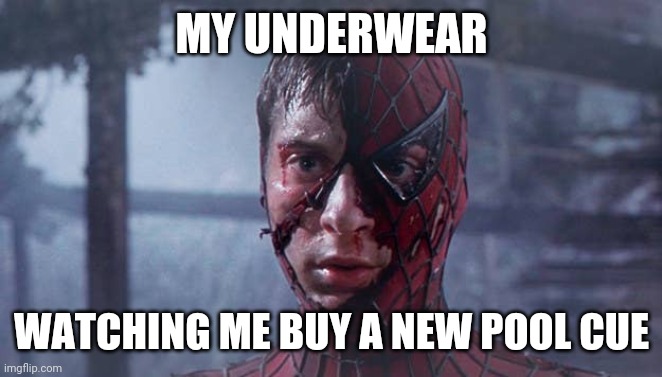 Spiderman mask ripped | MY UNDERWEAR; WATCHING ME BUY A NEW POOL CUE | image tagged in spiderman mask ripped | made w/ Imgflip meme maker