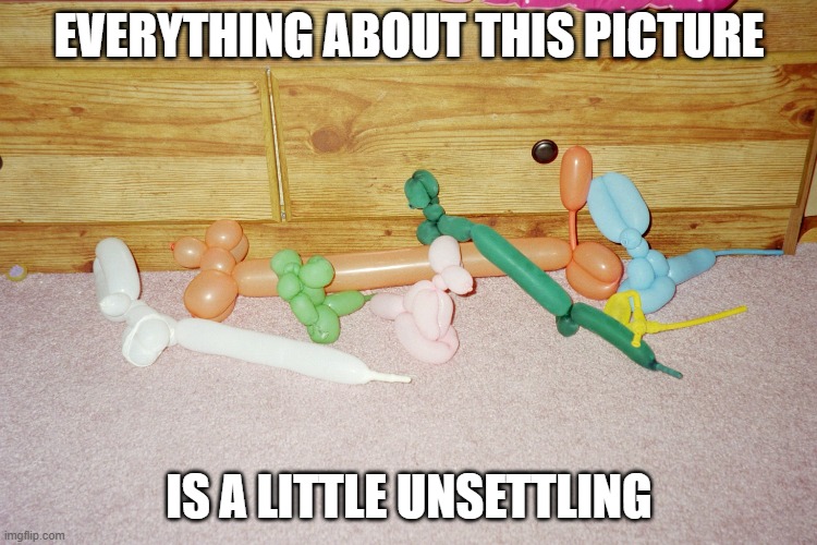 Unsettling | EVERYTHING ABOUT THIS PICTURE; IS A LITTLE UNSETTLING | image tagged in unsettling,balloon animals,balloons,balloon figures,balloon weapons,funny | made w/ Imgflip meme maker